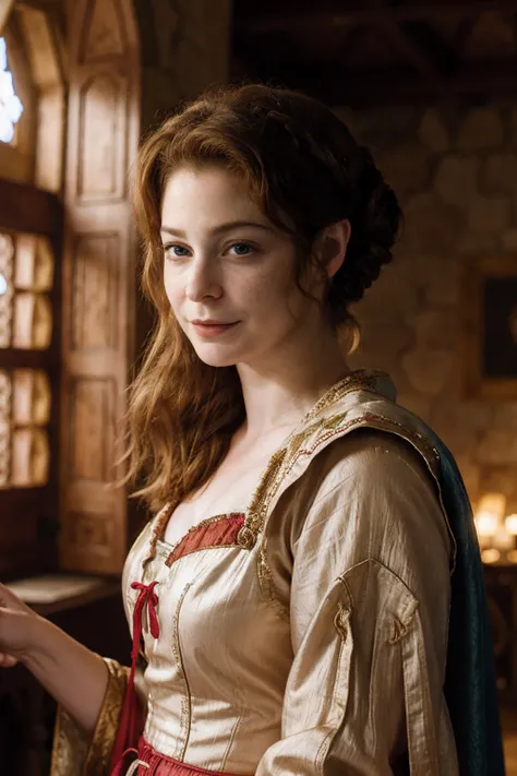 esmebianco,a woman wearing renaissance dress in dubrovnik castle, (soft lighting:0.5)  <lora:esmebianco:0.9>