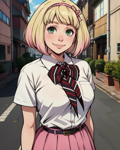 Shiemi,green eyes,blonde hair,short hair,
pink hairband,stripped neck ribbon,white shirt,belt,pink skirt,
standing,upper body,
smile,
street corner,
(insanely detailed, masterpiece, best quality),<lora:Shiemi:0.8>,