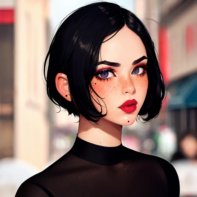 best quality, masterpiece,black hair, realistic, short hair, solo focus, 1girl, shirt, black shirt, lips, blurry background,  freckles,(eye makeup:1.3),  Lipstick,gloss, (Sibylline:1.3)