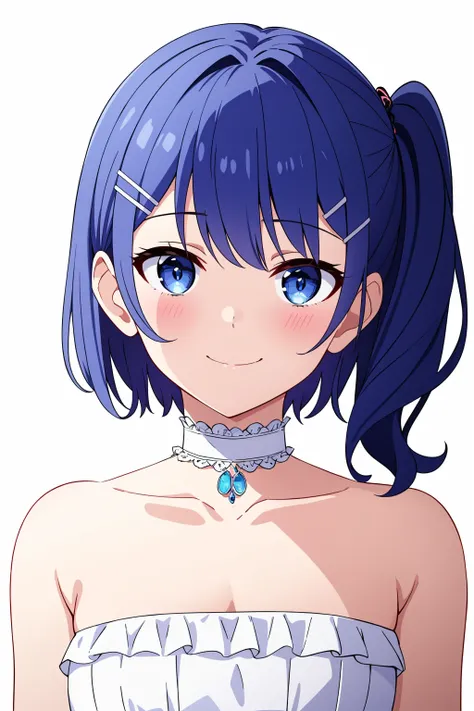 1girl, solo, petite, 
short hair, blue hair, wavy hair, blue eyes, small breasts, white dress, frills, wedding dress, side ponytail, choker, see-through, strapless, light smile, closed mouth, hairclip, 
portrait, white background,
masterpiece, best quality...