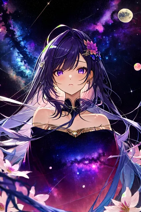 <lora:stargirl(æä¹å¥³):0.85>stargirl, star clothes, 1girl, solo, purple eyes, flower, hair ornament, hair flower, long hair, looking at viewer, bare shoulders