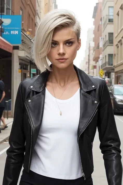 <lora:mondongo_LoRA_ElizaCoupe:1> mndngwmn, asymmetrical cut haircut, (3/4 body), masterpiece,best quality,8k, wearing a leather jacket, on the street