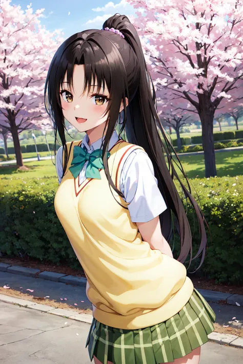 masterpiece, best quality, highres, 1girl, solo, long hair, black hair, ponytail, parted bangs, brown eyes, school uniform, green bowtie, white shirt, short sleeves, sweater vest, yellow vest, plaid skirt, green skirt, <lora:kujou_rin_v1:0.7>, arms behind ...