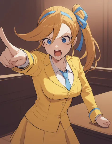 <lora:athena-xl-000007:1> aacykes, hair ribbon, 
necktie, yellow jacket, yellow skirt,
1girl, courtroom, pointing at another, shouting,
masterpiece, best quality