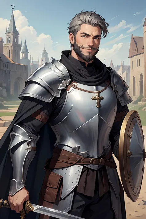 Cowboy Shot,(best quality),original,portrait,midday,(male:1.1) knight,sword and shield,armor,(old),smile,bule cape,short grey hair,beard,(holy),medieval fantasy,muscular,scenery,<lora:GoodHands-beta2:1>,