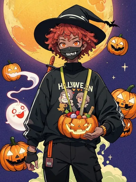 hezi, trend illustration, bright colors, pumpkin, jack-o-lantern, afro, food, candy, striped, halloween, multiple boys, clown, lollipop, weapon, red hair, ring, sword, carrot, glowing eyes, glowing, knife, smile, mask, fruit, male focus, 1boy, heart, smoke...