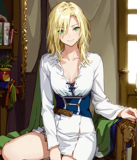 masterpiece, high res, detailed face, detailed eyes, anime screencap, 1 girl, solo, looking at the viewer. turning around, smile  blonde, hair covering one eye, medium hair, green eyes eyes visible under hair, white shirt, bare legs, sitting on a chair, in...