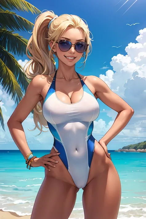 1girl,swimsuit,breasts,solo,smile,one-piece swimsuit,blue eyes,blonde hair,hands on hips,sunglasses,beach,outdoors,eyewear on head,ocean,day,grin,ponytail,looking at viewer,white one-piece swimsuit,covered navel,sky,long hair,cloud,water,cowboy shot,teeth,...