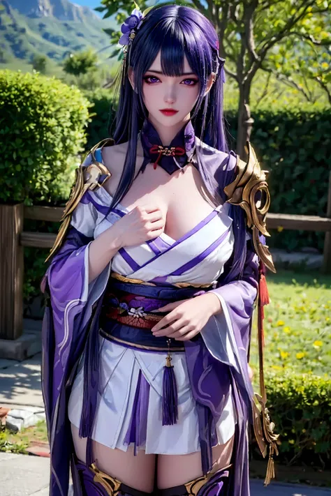 <lora:lei_08:0.7>,extremely detailed CG unity 8k wallpaper,best quality,(realistic:1.4),world masterpiece,(highres, ultra detailed,8K),lei,1girl,chest,solo,purple hair,purple eyes,hair_ornament,look at the audience,purple kimono,purple thigh high,long_slee...