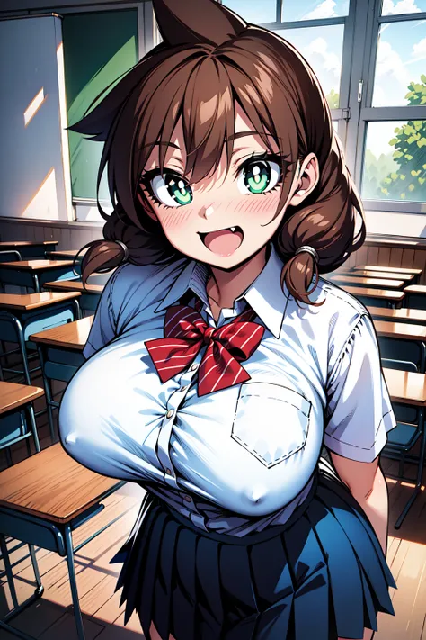 1girl, cowboy shot, (classroom:1.2), large breasts, (nose blush:1.2), open mouth, (fang:1.2), smile, short sleeves, 
amano_megumi, green eyes, bright pupils, white pupils, brown hair, twintails, school uniform, bowtie, collared shirt, pleated skirt, <lora:...