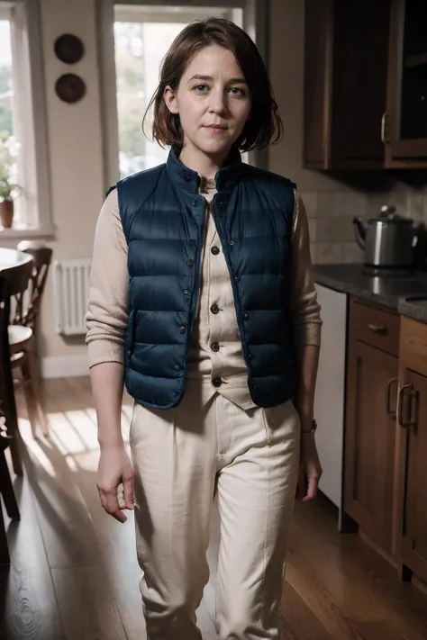 GemmaWhelan,a woman wearing quilted vest and skinny trousers kitchen, (hard light:0.5)  <lora:GemmaWhelan:0.9>