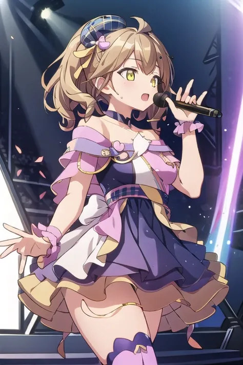 e7idol-sp2, hair ribbon, idol dress, mini hat, microphone, boots, heart shaped decoration, 1girl, solo, stage, yellow eyes