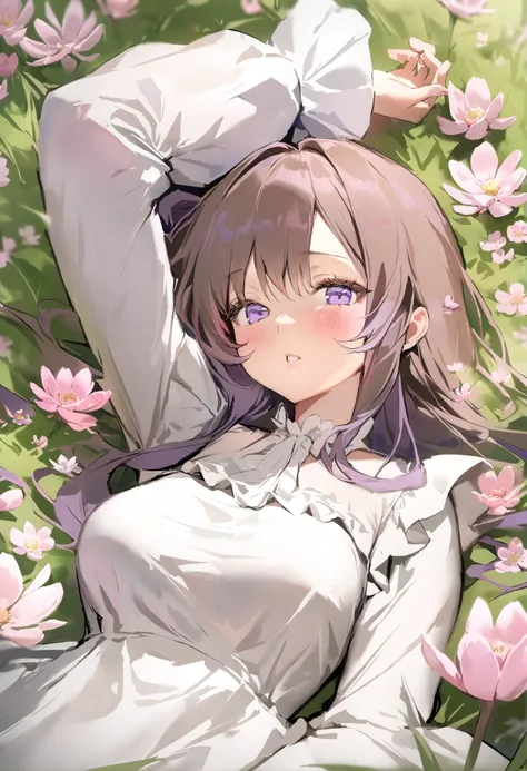 masterpiece, best quality, <lora:anmiXL_V1:1.0>1girl, solo, flower, purple eyes, lying, on back, pink flower, brown hair, long sleeves, dress, blush, looking at viewer, bangs, outdoors, frills, white dress, long hair, arm up, day, parted lips, grass, bug, ...