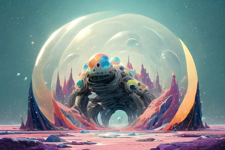 an alien landscape made of giant colorful bubbles and crystals, (no humans:1.9), <lora:GritJourney:1.0>