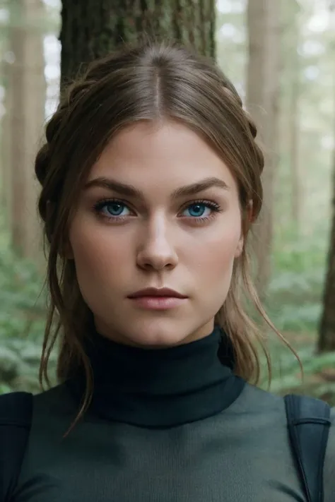 portrait of S302_AlexClark,a gorgeous woman,in a (forest:1.1),wearing a (turtleneck:1.1),(updo),(4k, RAW photo, best quality, depth of field, ultra high res:1.1),(absurdres, intricate, photorealistic, masterpiece, ultra-detailed:1.1),