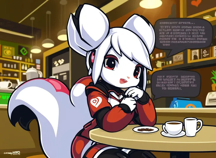 tysontan kiki the cyber squirrel,heart speech bubble, sitting in a coffee shop, sitting, in a coffee shop, coffee, android, mammal, robot, rodent, sciurid, tree squirrel, anthro, female, machine, mascot, pupils, solo, unusual pupils, white body<lora:tysont...