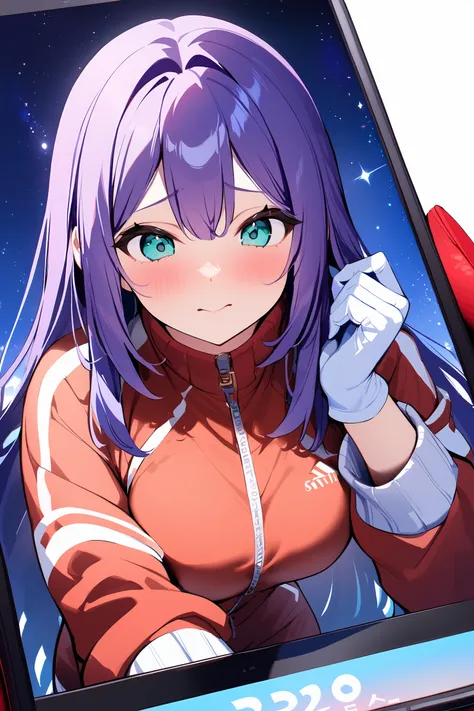 Year 2020,{1girl},shy,swiping on a touchscreen,at over-the-shoulder view,in universe scene,mage profession,{aqua} eyes,purple spiky hair,wearing track suit cloth,wearing gloves,flexible body,, masterpiece,best quality,ultra-detailed,