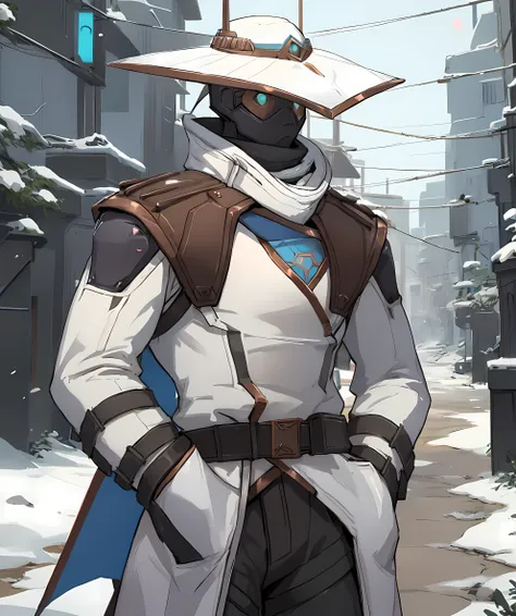 cypher_valorant, looking at viewer, winter, hand on pockets, hat <lora:Cypher:0.85>