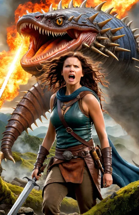 brave warrior, A woman, a colossal worm. Weapons ablaze, they save her. A scene from an adrenaline-fueled fantasy thriller, reminiscent of Peter Jacksons "The Lord of the Rings", ,disheveled hair