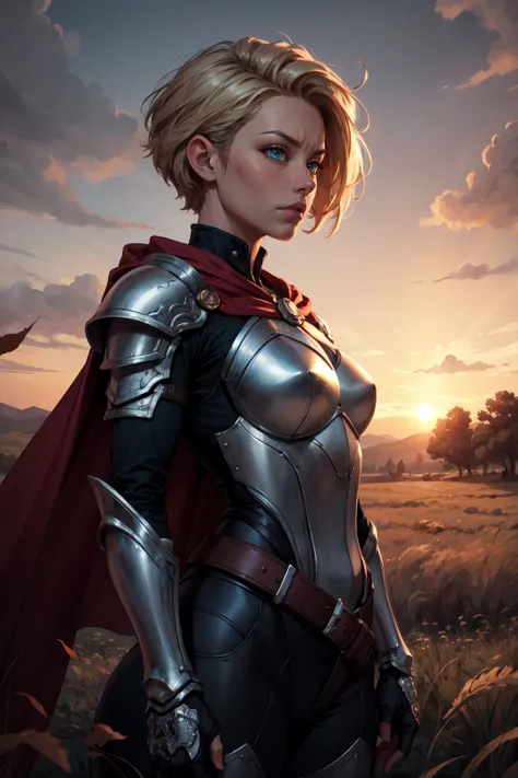 (masterpiece, best quality, 4k, detailed, intricate, realistic),cinematic angle,cinematic lighting,medieval,1girl,short hair,pixie cut,blonde hair,solo focus,cowboy shot,wearing ornate armor,cape,wind gust,leaves,light particles,outside,field,sunset,gauntl...