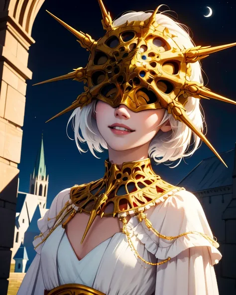 Gwyndolin,white hair,otoko no ko,flat chest,gold mask,covered eyes,
gold jewelry,white dress,long sleeves,light smile,
upper body, 
cathedral,moonlight,
(insanely detailed, masterpiece, best quality),<lora:Gwyndolin-10DSv9:0.8>,dynamic angle,l,