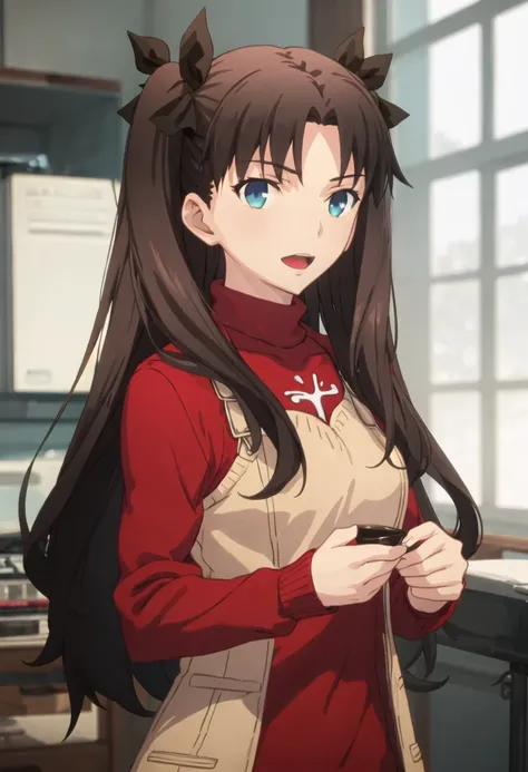 best quality, masterpiece, highres, solo, {tohsaka_rin_fatestaynightufotable:0.90}, 1girl, turtleneck, anime_coloring, upper_body, sweater, looking_at_viewer, open_mouth