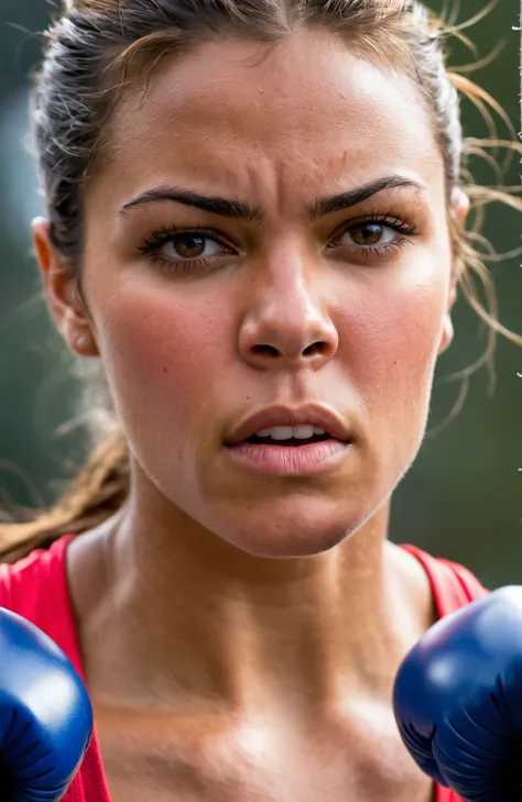 raw and real energy coursing from a close-up portrait of a female boxer in the intense throes of training. Feel the power radiating from her strong, sweat-slick silhouette amidst a whirlwind rush of punches. Her focused eyes reflect the fervor of her spiri...