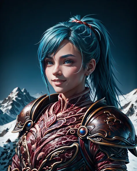 vibrant colors, girl, masterpiece, sharp focus, best quality, depth of field, cinematic lighting, ponytail, blue hair, red eyes, fur armor, mountain, bright smile, night sky, made out of raw-meat <lora:ral-rawmeat:1> raw-meat