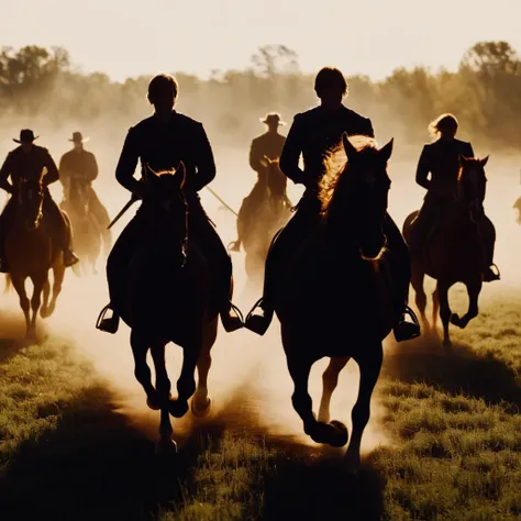 cinematic film still of  <lora:Chiaroscuro Lighting Style:1>
dramatic, cinematic, shadow, partially covered in shadow, a group of horses running through a field Chiaroscuro Lighting Style, weapon, sword, animal, smoke, riding, explosion, horse, horseback r...