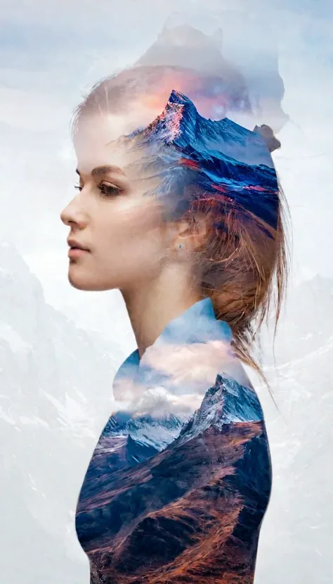 <lora:3FFEB31CD8:1> Double Exposure style of a woman blended with a mountain