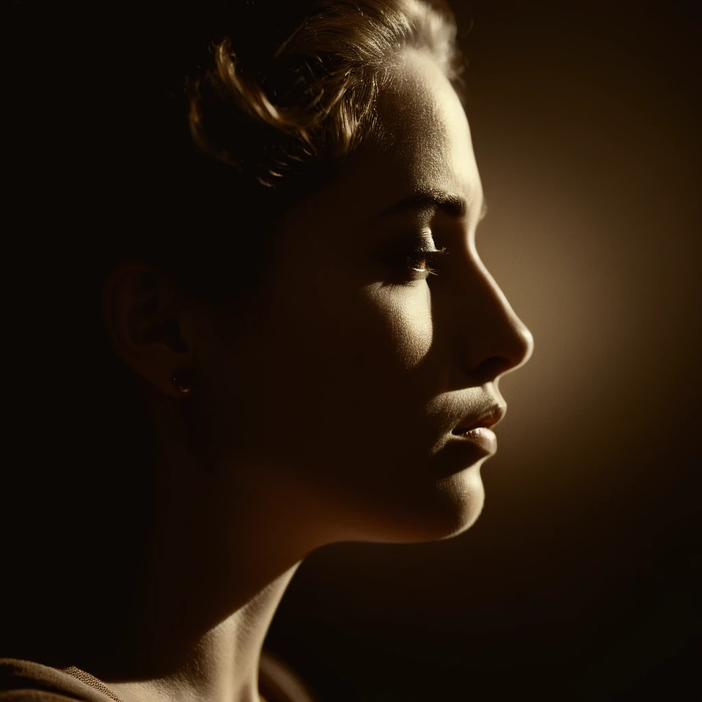 cinematic film still of  <lora:Rembrandt Lighting Style:1>
dramatic, cinematic, shadow, partially covered in shadow, a woman with a very large breast is looking down Rembrandt Lighting Style, solo, 1boy, closed mouth, monochrome, male focus, from side, lip...