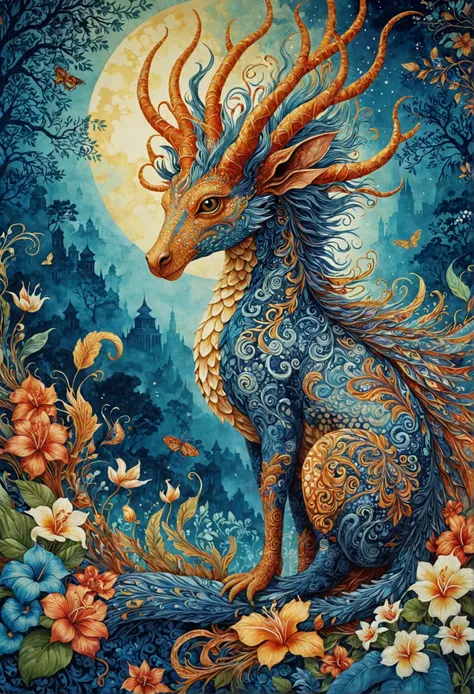 A batik dreamscape, fantastical creature, masterpiece, 8k, sharp intricate details, highly detailed