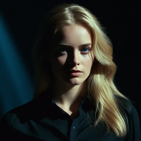 cinematic film still of  <lora:Rembrandt Lighting Style:1>
dramatic, cinematic, shadow, partially covered in shadow, a woman in a black shirt posing for a picture Rembrandt Lighting Style, 1girl, solo, long hair, looking at viewer, blue eyes, blonde hair, ...