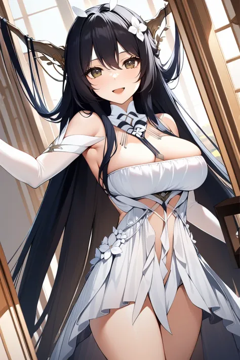 1girl, idmsd, absurdly long hair, antlers, hair on antlers, hair flower, necktie, white dress, clothing cutout, white elbow gloves,,  ((high quality:1.2, masterpiece:1.2)), highly detail,  dynamic angle, rating: sensitive, happy, mile shoot, facing viewer,...