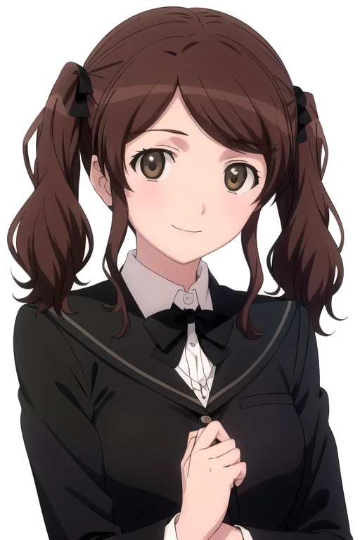 solo, 1girl, looking at viewer, 2D, anime, anime coloring, upper body, (solid white background:1.3), <lora:sae-amagami:0.8>, sae nakata, kibito high school uniform, black jacket, black bow, looking at viewer, smile