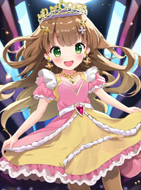 a young girl with light brown hair and green eyes. She is wearing a yellow dress with a pink sash and black boots. She is also wearing a gold necklace and a tiara. She is smiling at the viewer. The camera angle is from the waist up, and the girl is in the ...