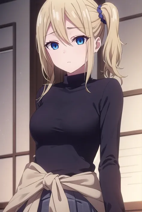 aihayasaka, <lora:ai hayasaka s3-lora-nochekaiser:1>,
ai hayasaka, bangs, blue eyes, blonde hair, hair ornament, hair between eyes, sidelocks, side ponytail, scrunchie, hair scrunchie, blue scrunchie,
BREAK shirt, long sleeves, school uniform, shoes, socks...