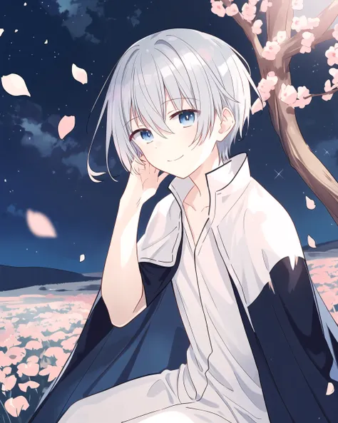 masterpiece,best quality,highres,
1boy,short hair,silver hair,blue eyes,raised eyebrows,outdoors,night,starry sky,shirt,cape,collarbone,cowboy shot,smile,petals,blurry foreground,depth of field,western style,hand on own face,sitting in tree,
best lighting ...