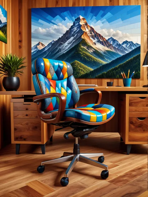 colorful office chair made of mad-tilestyle and wooden desk in an expensive office, photograph of a mountain on the wall  <lora:Colorful_Tile_Style_SDXL:1>, (masterpiece:1.2), best quality, (hyperdetailed, highest detailed:1.2), high resolution textures