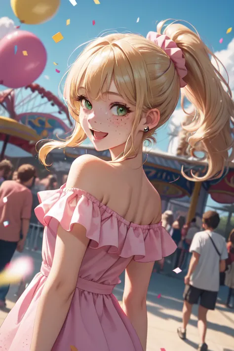 (masterpiece, best quality), 1girl, solo, blonde hair, long wavy hair, high ponytail, asymmetrical bangs, green eyes, small perky breasts, freckles, pale skin, long eyelashes, pink scrunchie, ear piercing, outdoors, amusement park pink short dress, off sho...