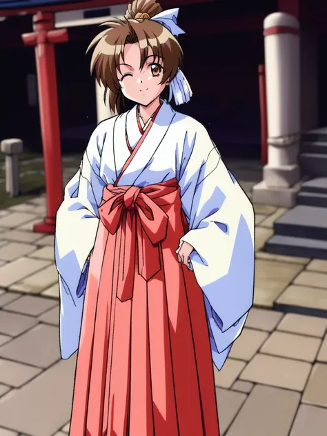 <lora:Kudanshita_Maeka:1>,kudanshitamaeka, 1girl, solo, miko, japanese clothes, shrine, hakama, hakama skirt, red hakama, brown hair, one eye closed, skirt, long sleeves, brown eyes, shimenawa, rope, ponytail,
masterpiece, high quality, very_high_resolutio...