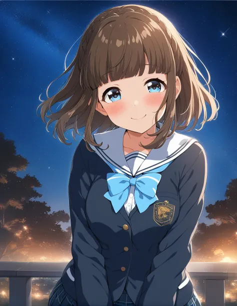 1girl,  <lora:batogakokomi:0.8>,askokomi,
blue eyes,bangs,short hair,hair down,star (sky),school uniform,starry sky,smile,
,ultra resolution image,
,masterpiece, best quality,