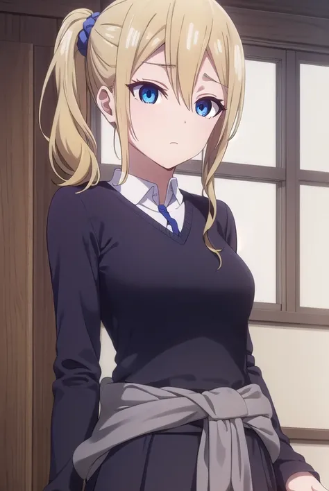 aihayasaka, <lora:ai hayasaka s3-lora-nochekaiser:1>,
ai hayasaka, bangs, blue eyes, blonde hair, hair ornament, hair between eyes, sidelocks, side ponytail, scrunchie, hair scrunchie, blue scrunchie,
BREAK shirt, long sleeves, school uniform, shoes, socks...