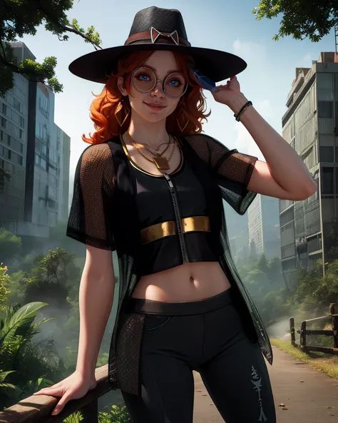 Mikaela,orange hair,blue eyes,smile,
black vest,round glasses,see-through jacket,necklace,earrings,small feather,black hat,midriff,
standing, short sleeves,black pants,
night,forest,buildings,
(insanely detailed, masterpiece, best quality),<lora:MikaelaRei...