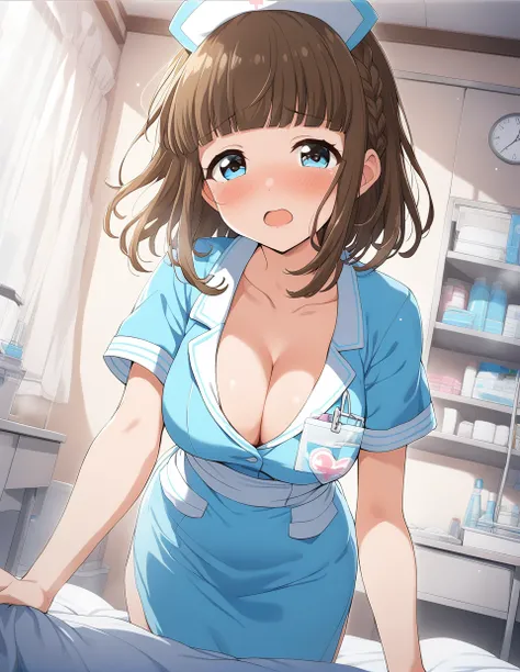 1girl,  <lora:batogakokomi:0.8>,askokomi,
blue eyes,bangs,short hair,hair down,,open mouth,nurse, nurse cap, hat, cleavage, braid
, ultra resolution image,
,masterpiece, best quality,