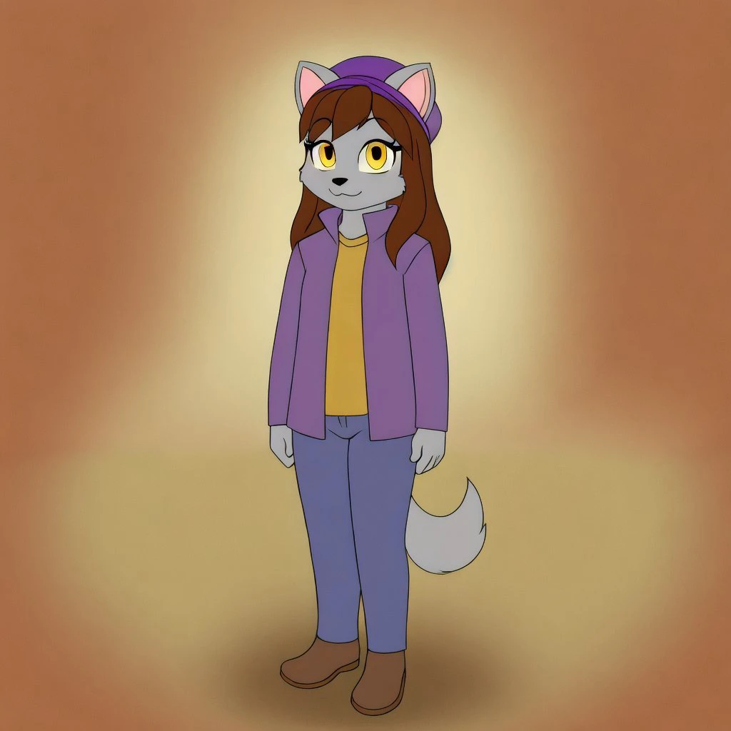 <lora:takayuki-20:0.7>
masterpiece, 1girl, solo, female,
takayuki, grey fur, yellow eyes, brown hair, long hair, tail,
purple jacket, purple hat, blue pants, brown footwear,
adult, standing on 2 legs, slim body,
autumn background,