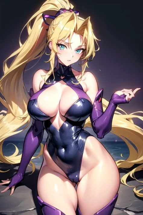 lake, (large breasts:1.2), (thighs:1.2), cowboy shot,  (masterpiece:1.2), (best quality:1.2), best illumination, best shadows,  best lighting blonde hair, high ponytail, purple leotard, bridal gauntlets, very long hair, aqua eyes, cleavage, detached sleeve...