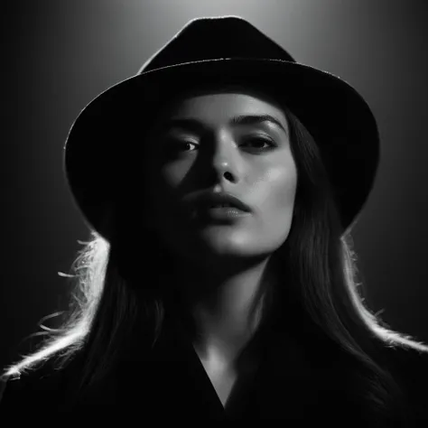 cinematic film still of  <lora:Rembrandt Lighting Style:1.2>
dramatic, cinematic, shadow, partially covered in shadow, a woman with a black hat and a black jacket Rembrandt Lighting Style, 1girl, solo, long hair, simple background, monochrome, greyscale, p...