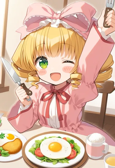 1girl, hinaichigo, one eye closed, knife, food, solo, pink bow, green eyes, bow, blonde hair, holding knife, fork, holding, open mouth, hair bow, smile, cup, long sleeves, dress, plate, egg (food), fried egg, looking at viewer, blush stickers, > o, drill h...