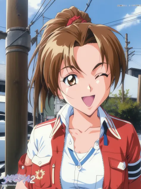 <lora:Kudanshita_Maeka:0.8>kudanshitamaeka, 1girl, solo, one eye closed, day, brown hair, outdoors, open mouth, brown eyes, sky, smile, 1990s (style), ponytail, logo, upper body, ;d, power lines, building, sleeves rolled up, shirt, copyright name, bangs, u...